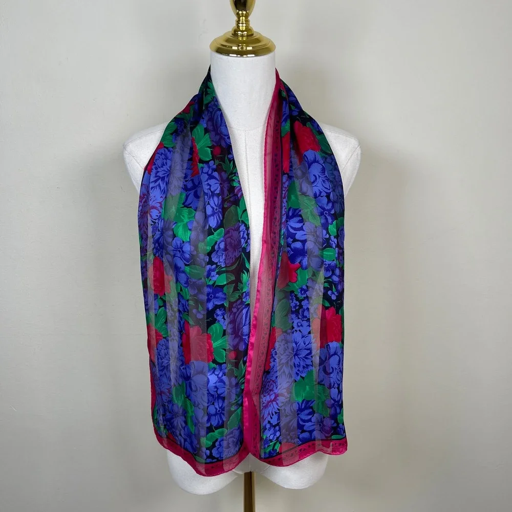 Vintage Elaine Gold Silk Scarf Floral Womens Blue Pink Green Sheer Striped Retro